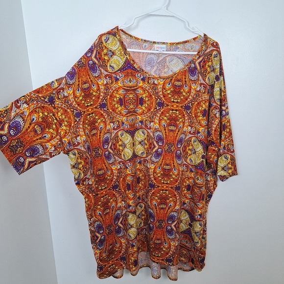 Lularoe Orange Yellow Geometric Stretchy Arsy Boho Avant Garde Shirt Size 3XL - Picture 1 of 5